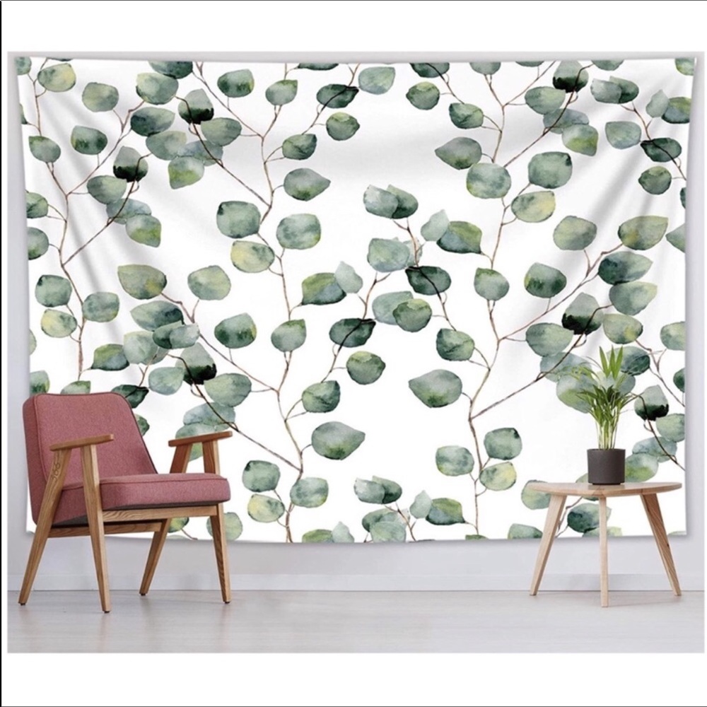 Boho Eucalyptus Watercolor Leaf Plant Tapestry